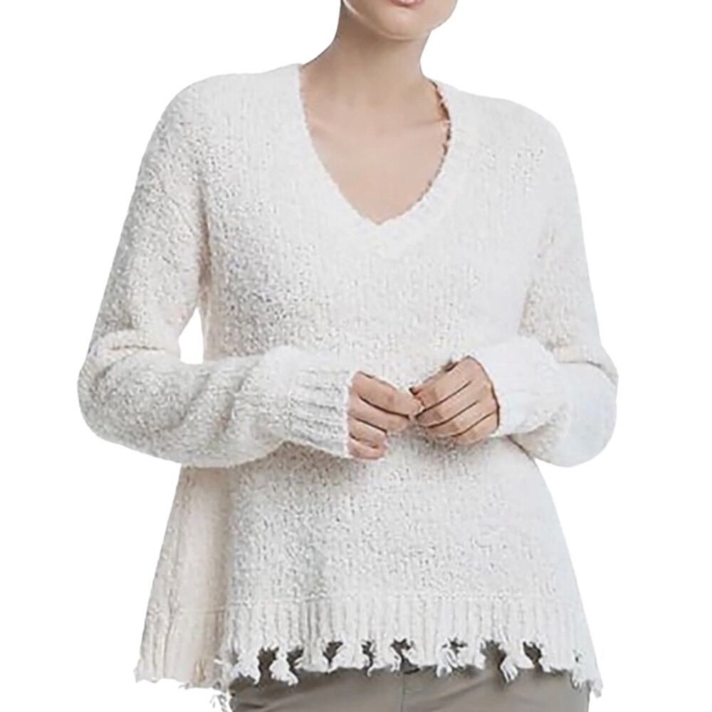 ATM ANTHONY THOMAS MELILLO Chenille Destroyed Ivory V-Neck Sweater Size Small